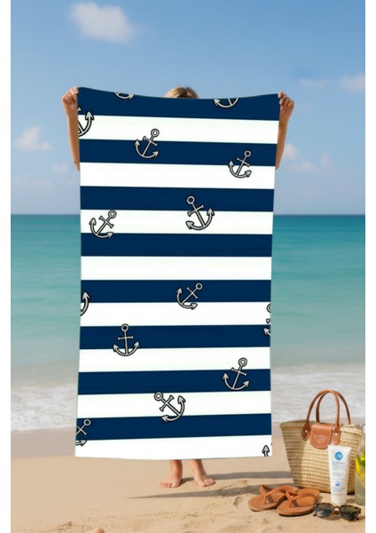 Lacivert Çizgili Çapa Desenli Pamuk Plaj Havlusu – Desenli Tasarım – 75X150 cm