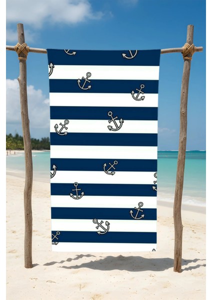 Lacivert Çizgili Çapa Desenli Pamuk Plaj Havlusu – Desenli Tasarım – 75X150 cm fiyatları