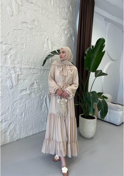 5729 Yaka Alt Volanlı Ön Boydan Fırfırlı Şifon Elbise