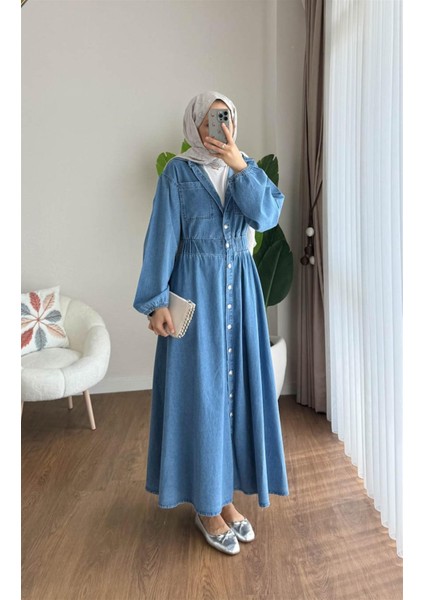 Y-03 Beli Kalın Lastikli Gömlek Yaka Kot Elbise