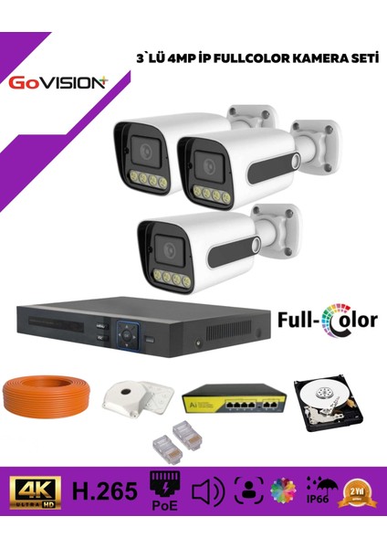 Go Vision 3'lü Güvenlik Ip Kamera Seti - 4mp Dış Mekan Kamera, 3.6mm Lens, H.265, Poe, Warm LED Gece Görüşlü