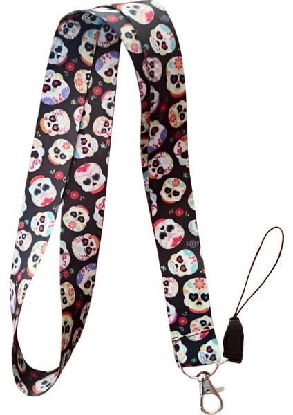 Kurukafalar Desenli Boyun Askı Ipi ve Telefon Askısı + Kartlık