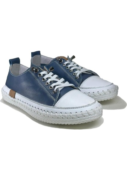 Kadın Hakiki Deri Mavi Sneaker El Dikişli Günlük Spor Ayakkabı Bağcıklı Rahat Taban