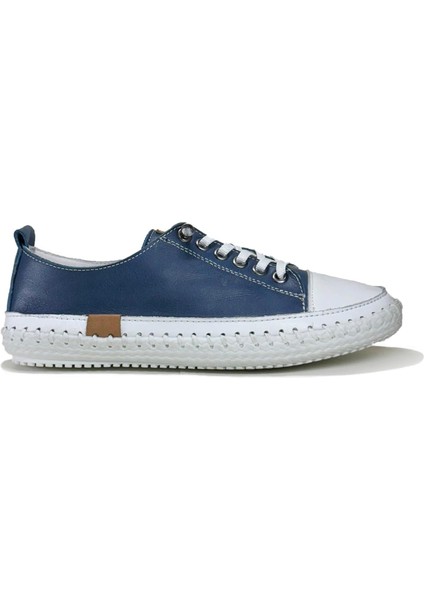 Kadın Hakiki Deri Mavi Sneaker El Dikişli Günlük Spor Ayakkabı Bağcıklı Rahat Taban fiyatları