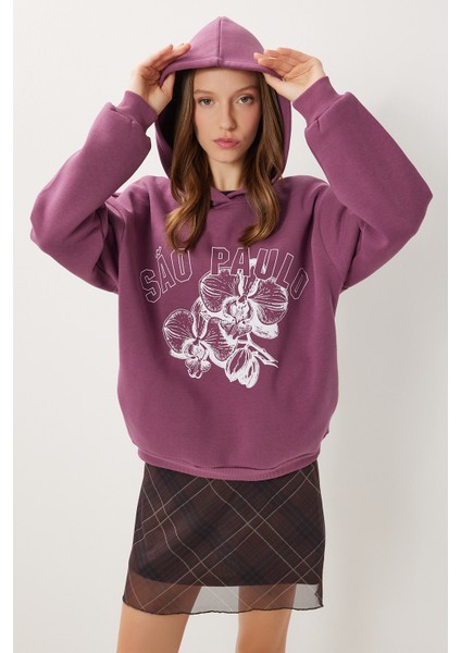 Kapüşonlu Baskılı Şardonlu Örme Sweatshirt LUB0315 Mürdüm