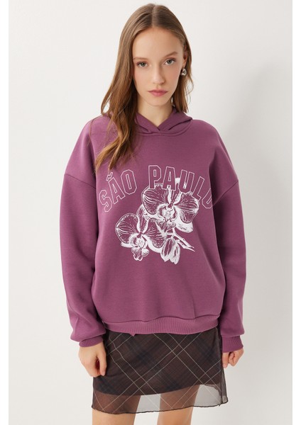 Kapüşonlu Baskılı Şardonlu Örme Sweatshirt LUB0315 Mürdüm fiyatları