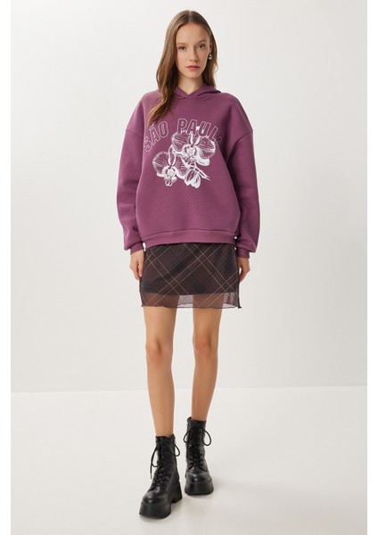 Kapüşonlu Baskılı Şardonlu Örme Sweatshirt LUB0315 Mürdüm modelleri