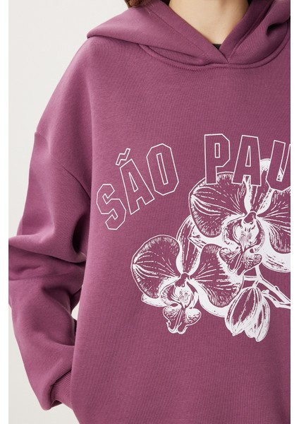 Kapüşonlu Baskılı Şardonlu Örme Sweatshirt LUB0315 Mürdüm fırsatları