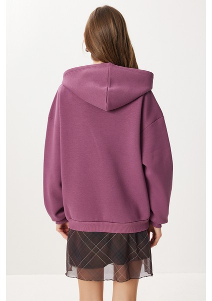 Kapüşonlu Baskılı Şardonlu Örme Sweatshirt LUB0315 Mürdüm indirimleri