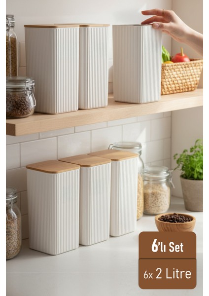 2 Litre Bambu Kapaklı Erzak Gıda Bakliyat Saklama Kabı Mutfak Organizeri 6 Adet