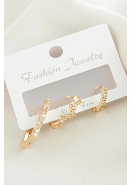 3 Adet Zikzak Zirkon Taşlı Küpe