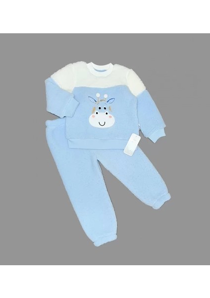 Litaetrend 1-2-3 Yaş Ponponlu Zürafa Desenli Kuzu Kumaş Uzun Kollu 2li Kız Erkek Çocuk Takımı Mavi