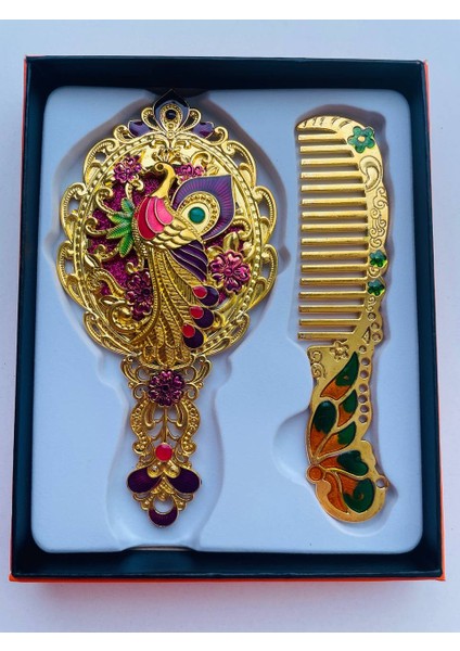 Ayna Tarak Seti, Kutulu-Metal-Hediyelik Takım, 13CM Aynalı Saç Fırçası, Tavuskuşu Figürlü