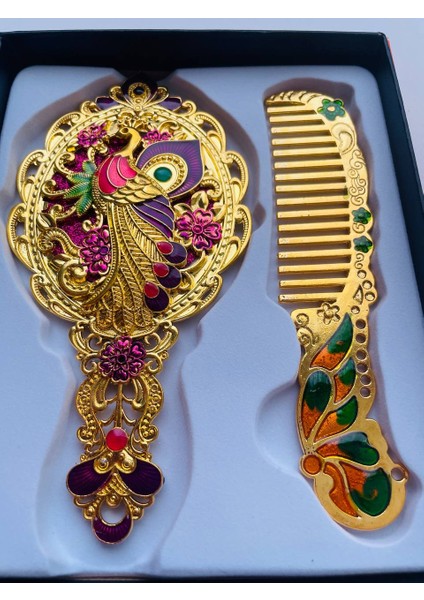 Ayna Tarak Seti, Kutulu-Metal-Hediyelik Takım, 13CM Aynalı Saç Fırçası, Tavuskuşu Figürlü modelleri