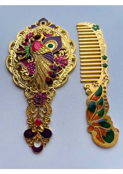 Ayna Tarak Seti, Kutulu-Metal-Hediyelik Takım, 13CM Aynalı Saç Fırçası, Tavuskuşu Figürlü indirimleri