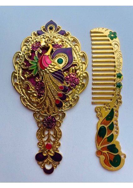 Ayna Tarak Seti, Kutulu-Metal-Hediyelik Takım, 13CM Aynalı Saç Fırçası, Tavuskuşu Figürlü