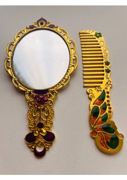 Ayna Tarak Seti, Kutulu-Metal-Hediyelik Takım, 13CM Aynalı Saç Fırçası, Tavuskuşu Figürlü