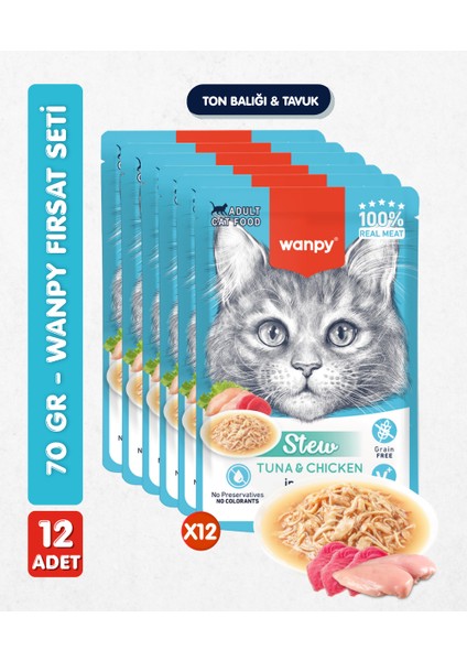 12LI Karışık Yetişkin Kedi Yaş Maması 2 Lezzet Ton & Tavuk Premium Kalite 12 x 70 gr