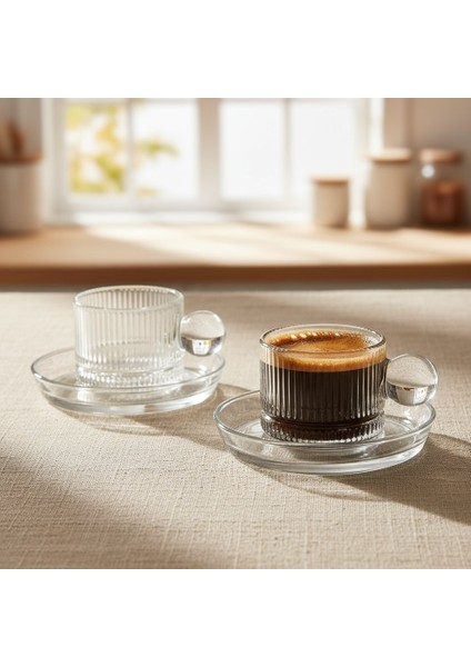 Line Çizgi Desen Cam 6 Kişilik Tabaklı Duble Türk Kahvesi Espresso Fincan Seti - 6 x 100 ml