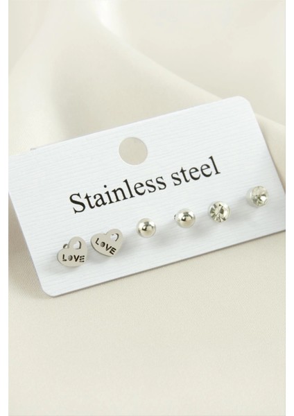 6 Adet Love Yazılı Kalp Taşlı Çelik Küpe