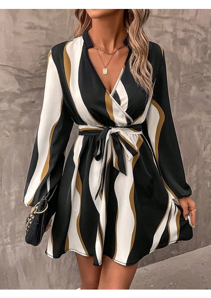 Kadın Uzun Kollu Kruvaze Yakalı Desenli Modal Mini Elbise