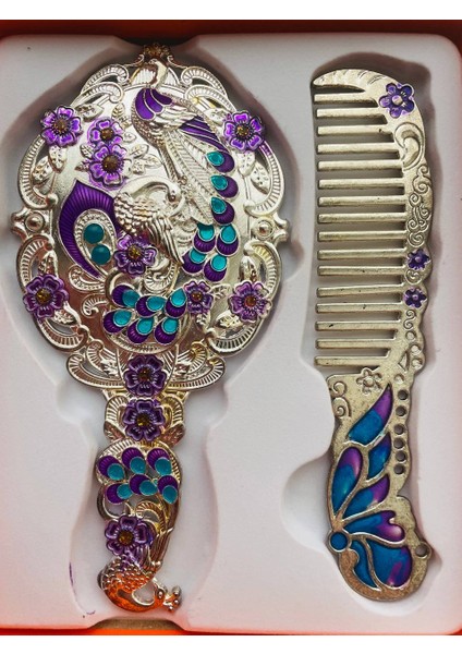 Ayna Tarak Seti, Kutulu-Metal-Hediyelik Takım, 13CM Aynalı Saç Fırçası, Tavuskuşu Figürlü