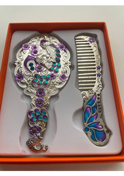 Ayna Tarak Seti, Kutulu-Metal-Hediyelik Takım, 13CM Aynalı Saç Fırçası, Tavuskuşu Figürlü modelleri