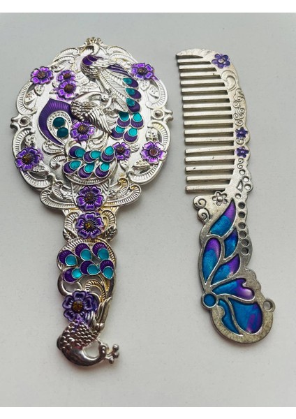 Ayna Tarak Seti, Kutulu-Metal-Hediyelik Takım, 13CM Aynalı Saç Fırçası, Tavuskuşu Figürlü