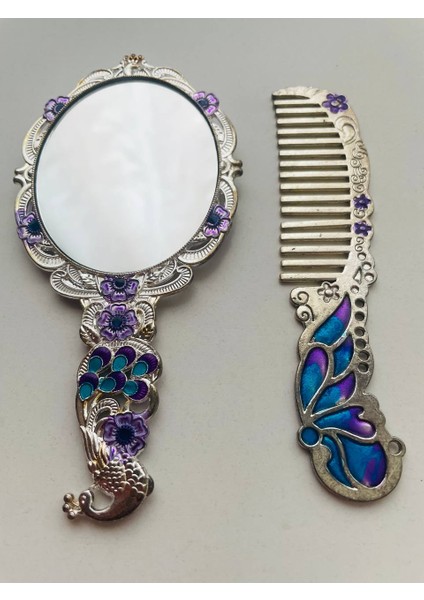 Ayna Tarak Seti, Kutulu-Metal-Hediyelik Takım, 13CM Aynalı Saç Fırçası, Tavuskuşu Figürlü