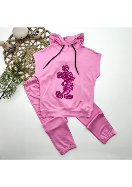 Litaetrend 3-4-5 Yaş Kapşonlu Payetli Mickey Desenli Kısa Kol 2li Kız Erkek Çocuk Takımı Pembe