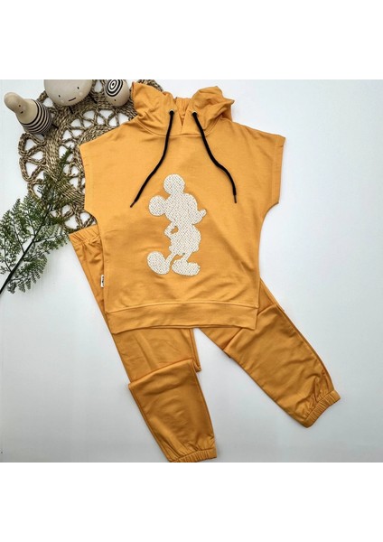 Litaetrend 3-4-5 Yaş Kapşonlu Payetli Mickey Desenli Kısa Kol 2li Kız Erkek Çocuk Takımı Sarı