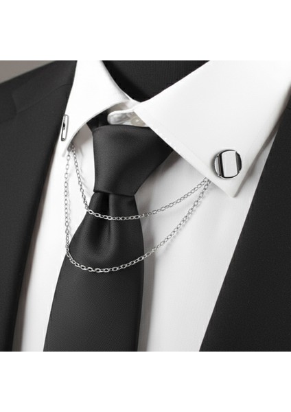 Gümüş Renk Yuvarlak Zincirli Gömlek & Ceket & Damatlık & Yaka Iğnesi