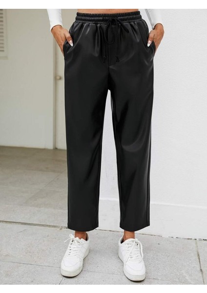 Kadın Yüksel Bel Bağcıklı Deri Pantolon fiyatları