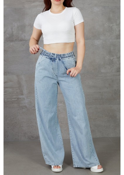 Kadın Beli Lastikli Rahat Kesim Kot Pantolon modelleri