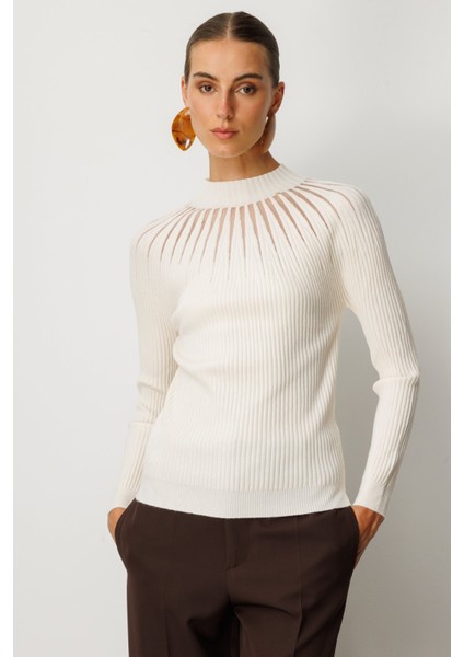 Kadın Dik Yaka Tül Detaylı Triko Kazak 60384 Ekru
