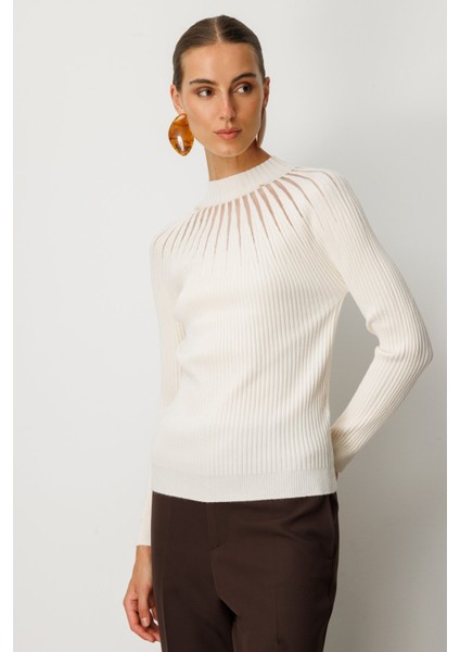 Kadın Dik Yaka Tül Detaylı Triko Kazak 60384 Ekru fiyatları