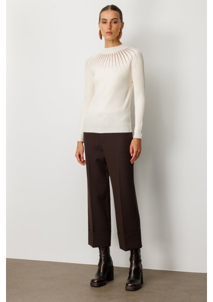 Kadın Dik Yaka Tül Detaylı Triko Kazak 60384 Ekru modelleri