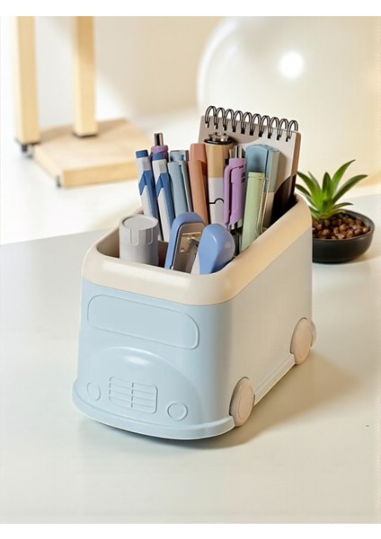 Retro Otobüs Kalemlik ve Masaüstü Organizer - Pastel Mavi (19X12X11 Cm)