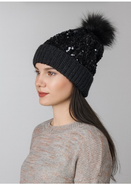 Kadın Pullu Işıltılı Ponponlu Triko Örgü Bere Standart