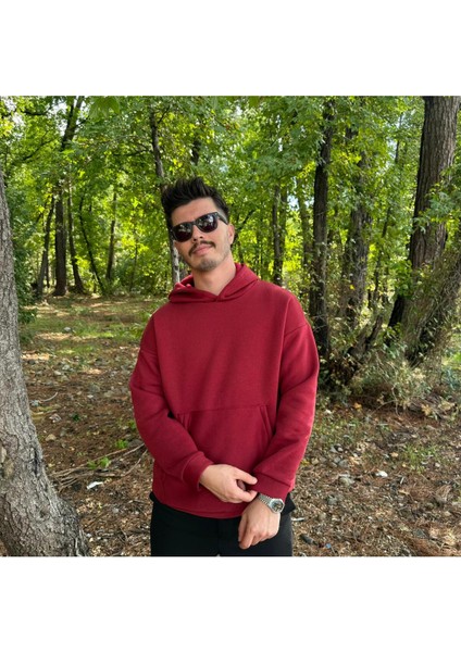 Erkek 3 Iplik Basic Oversize Kanguru Cepli Kapüşonlu Sweatshirt