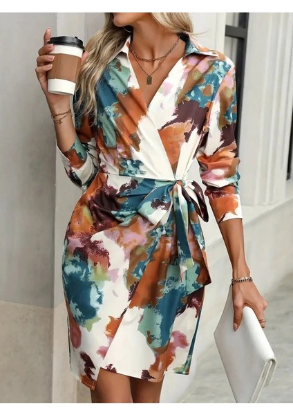 Kadın Uzun Kollu Yakalı Yandan Bağlamalı Mini Desenli Modal Elbise fırsatları