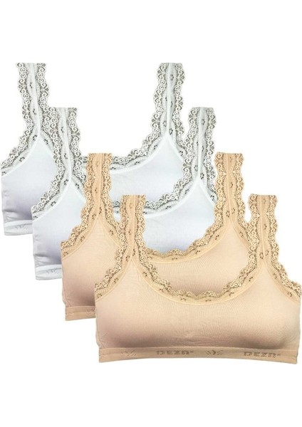 4 Adet Dantel Nakış İşlemeli Pedli Bambu Kadın Büstiyer Beyaz Ten