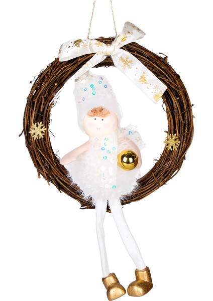 Yılbaşı Süsü, Kapı Çelengi, Gold-Beyaz - Peri Figürlü, 20X30 cm