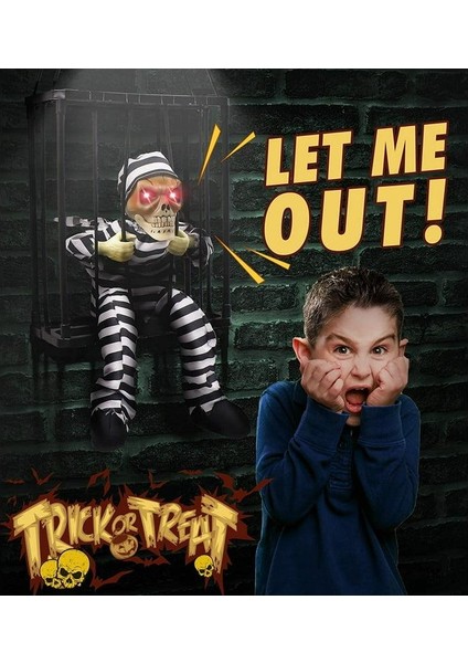 Hareketli Sesli Sensörlü Mahkum Görünümlü Kuru Kafa Iskelet Dekorasyon 22X27 cm (5067) fırsatları