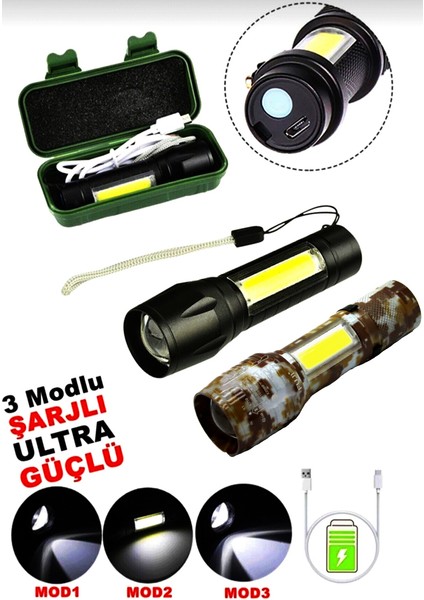 USB Charge 2İN13W+1W USB Şarjlı Ledli Polis El Feneri Metal Kasa Pls.kutu (5067)