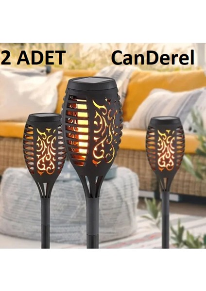 2 Adet Alev Efektli Solar LED Güneş Enerjili Bahçe Lambası Aydınlatması Armatür 51 cm