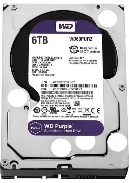 Western Digital WD60PURZ 6 Tb Sata6 64MB 7-24 Purple Harddisk