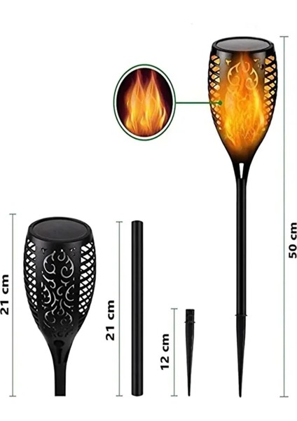 2 Adet Alev Efektli Solar LED Güneş Enerjili Bahçe Lambası Aydınlatması Armatür 51 cm