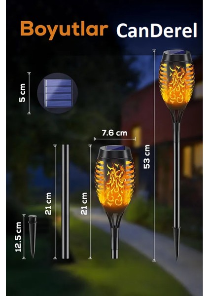 1 Adet Alev Efektli Solar LED Güneş Enerjili Bahçe Lambası Aydınlatması Armatür 51 cm