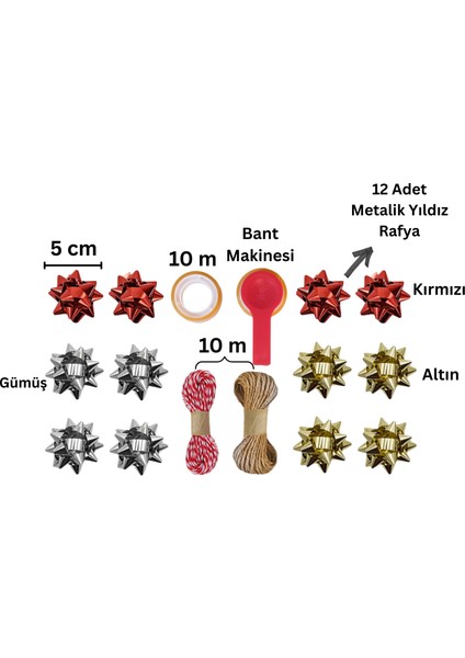 Hediye Paketleme Seti, 12 Adet Metalik Rafya- Twine Baker & Jüt Ip - 20M, 1 Adet Bant ve Makinesi fiyatları